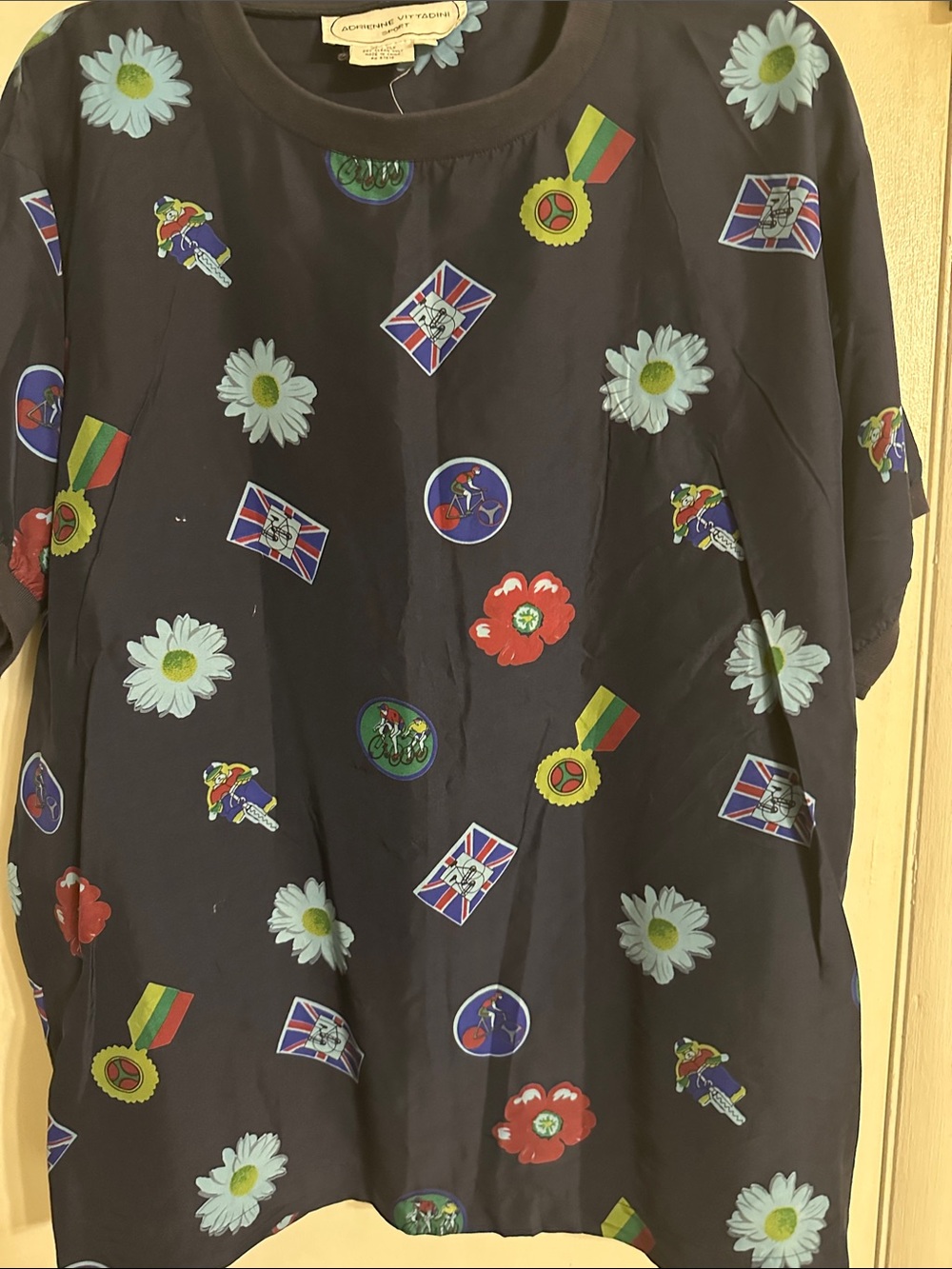 Adrienne Vittadini Navy Short-Sleeve Shirt with Daisy & Badge Print
